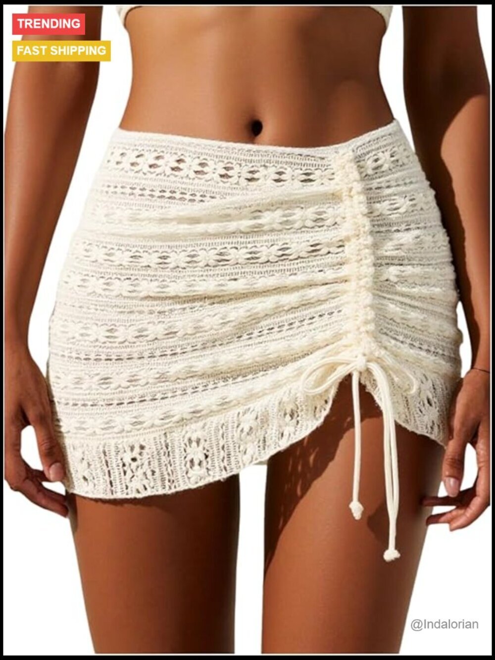 Crochet Cover Up Swim Skirt Ruched Drawstring Beach Coverup